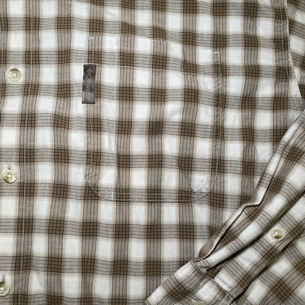 Columbia‎ Button Down Shirt Mens XXL Brown Tan Plaid Cotton Outdoor